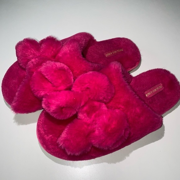 Juicy Couture Pink Fuzzy Bow Slippers New Out of Box Soft Plush House Shoes - Picture 1 of 6